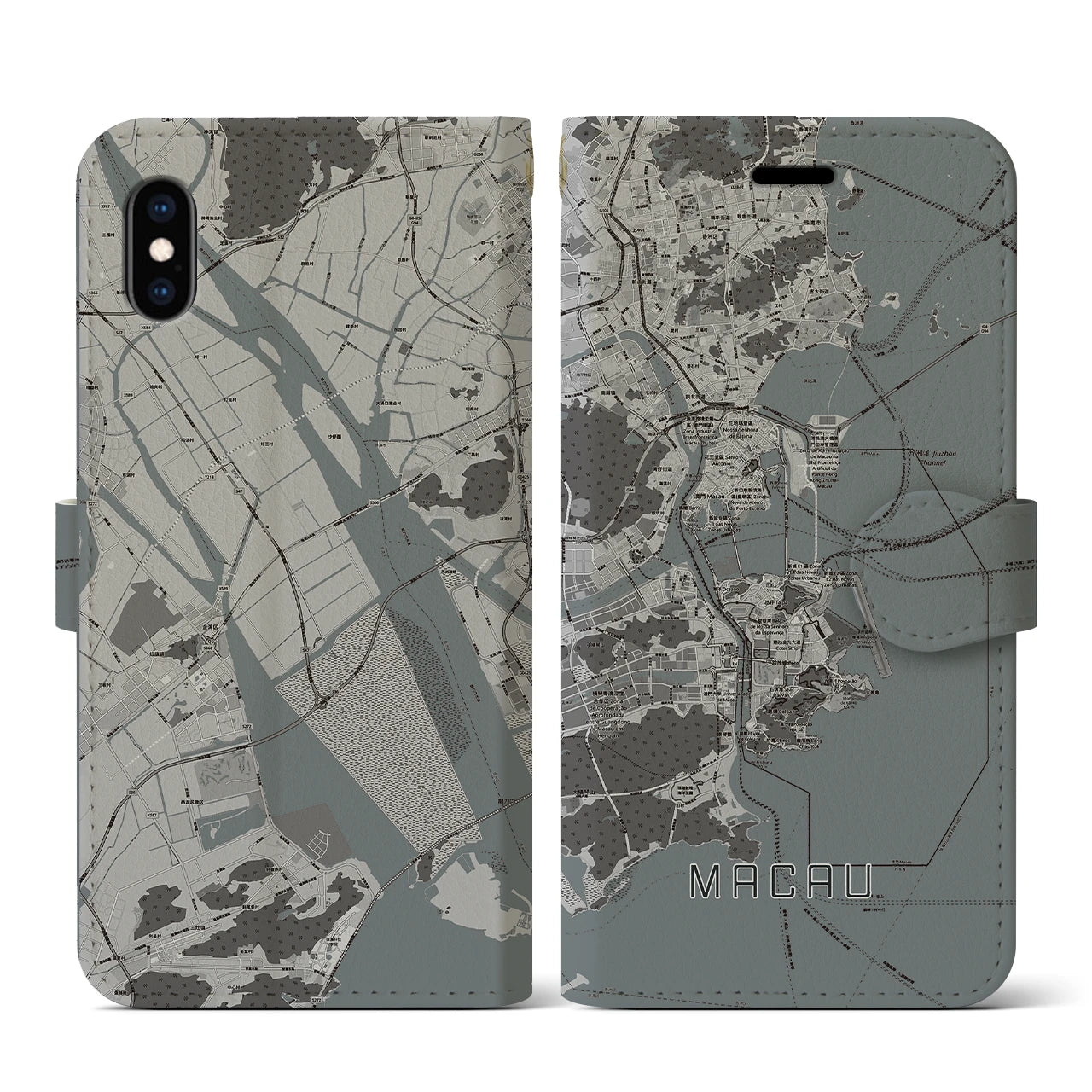【マカオ(中華人民共和国)】地図柄iPhoneケース(手帳タイプ)モノトーン・iPhone XS / X 用