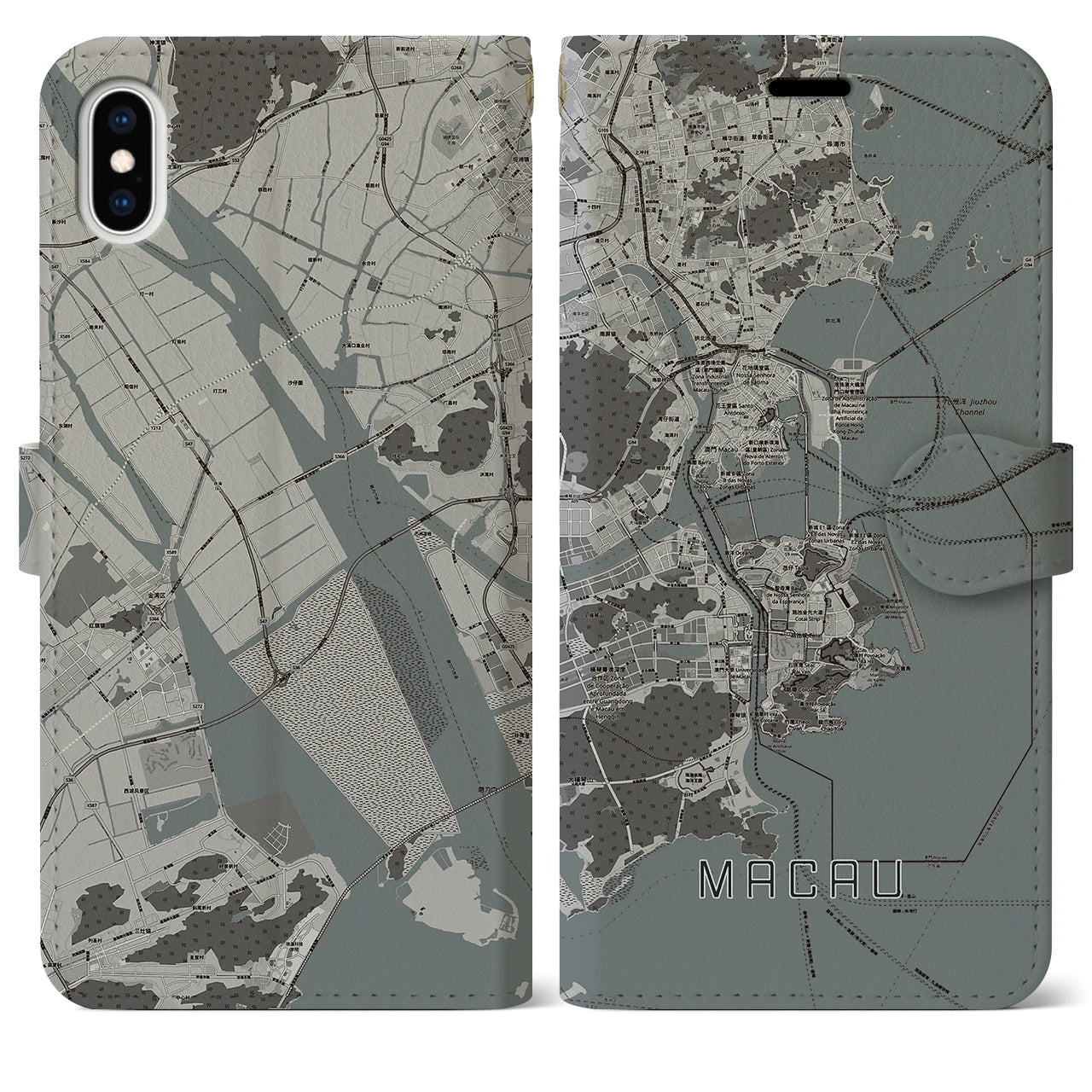 【マカオ(中華人民共和国)】地図柄iPhoneケース(手帳タイプ)モノトーン・iPhone XS Max 用
