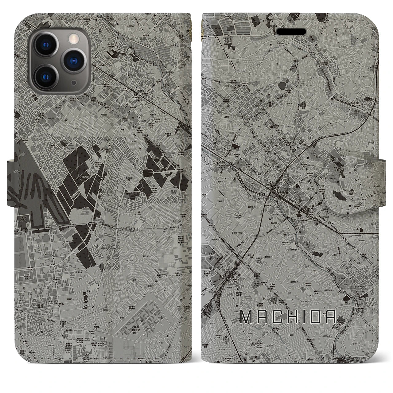 【町田(東京都)】地図柄iPhoneケース(手帳タイプ)モノトーン・iPhone 11 Pro Max 用