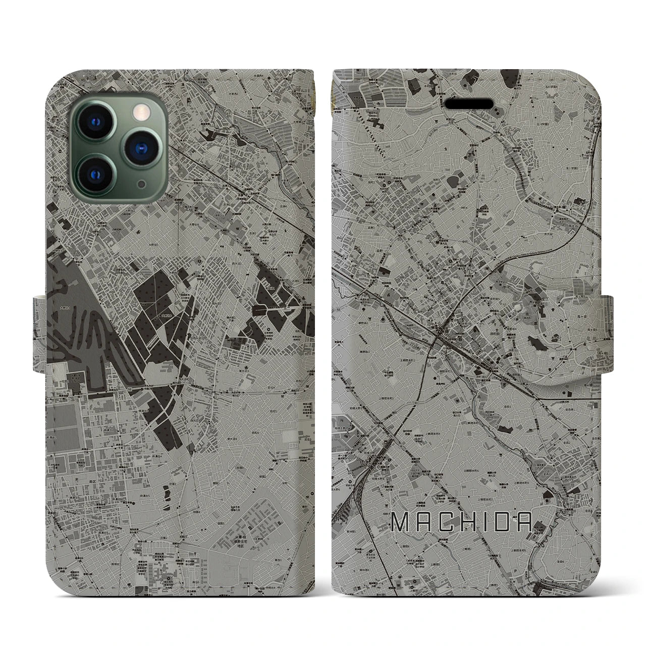 【町田(東京都)】地図柄iPhoneケース(手帳タイプ)モノトーン・iPhone 11 Pro 用