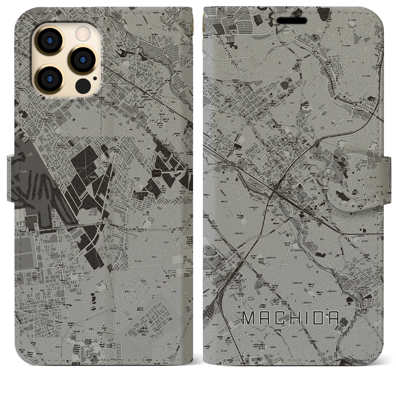 【町田(東京都)】地図柄iPhoneケース(手帳タイプ)モノトーン・iPhone 12 Pro Max 用