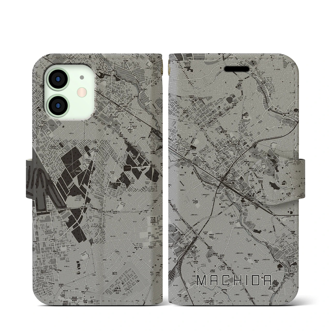 【町田(東京都)】地図柄iPhoneケース(手帳タイプ)モノトーン・iPhone 12 mini 用