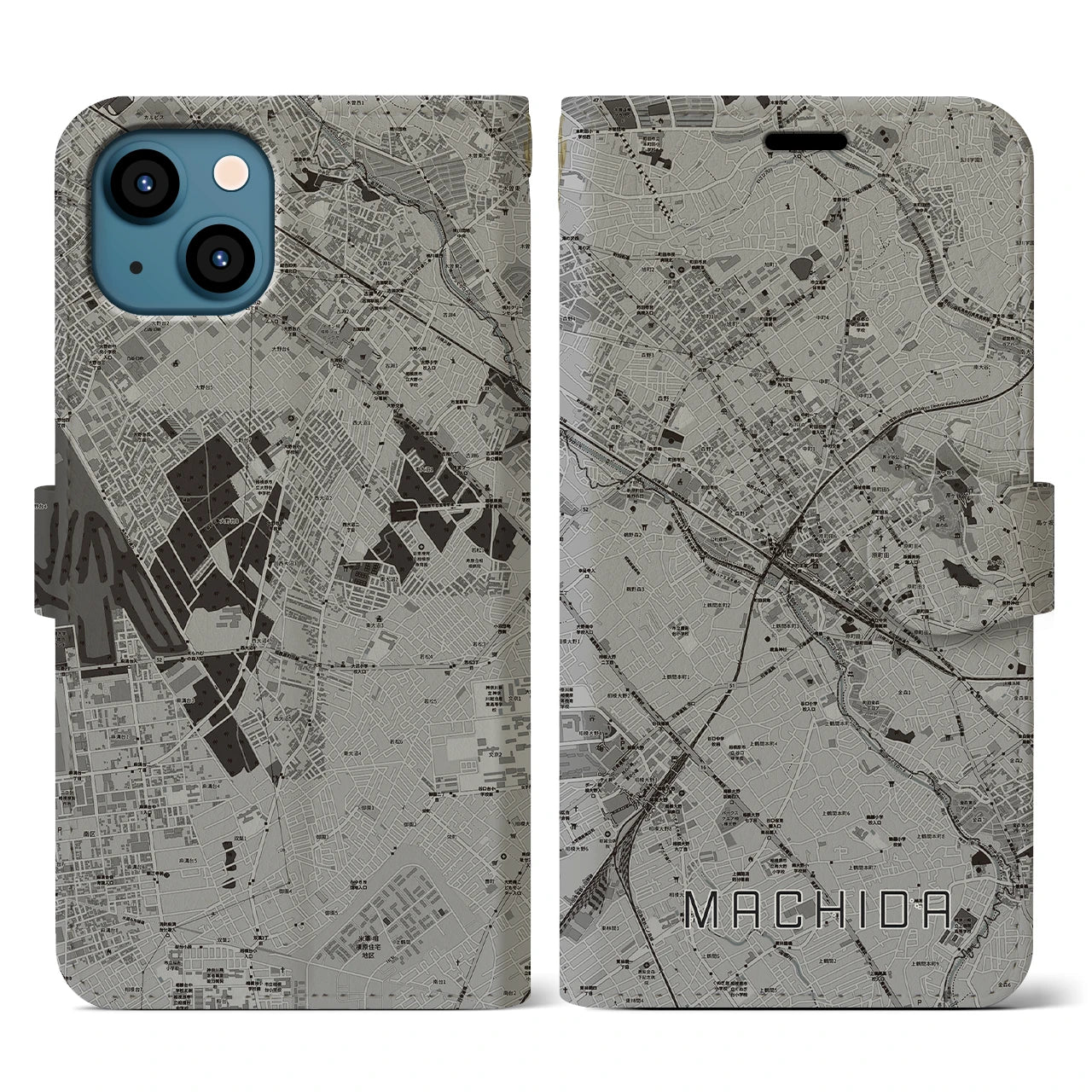 【町田(東京都)】地図柄iPhoneケース(手帳タイプ)モノトーン・iPhone 13 用