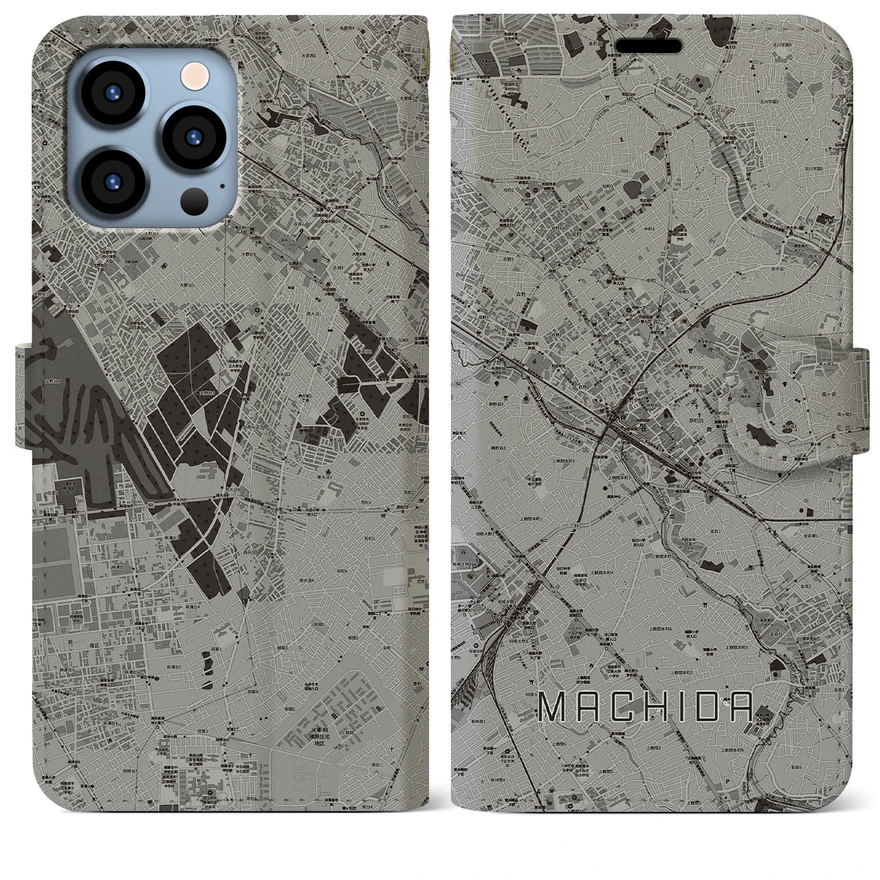 【町田(東京都)】地図柄iPhoneケース(手帳タイプ)モノトーン・iPhone 13 Pro Max 用