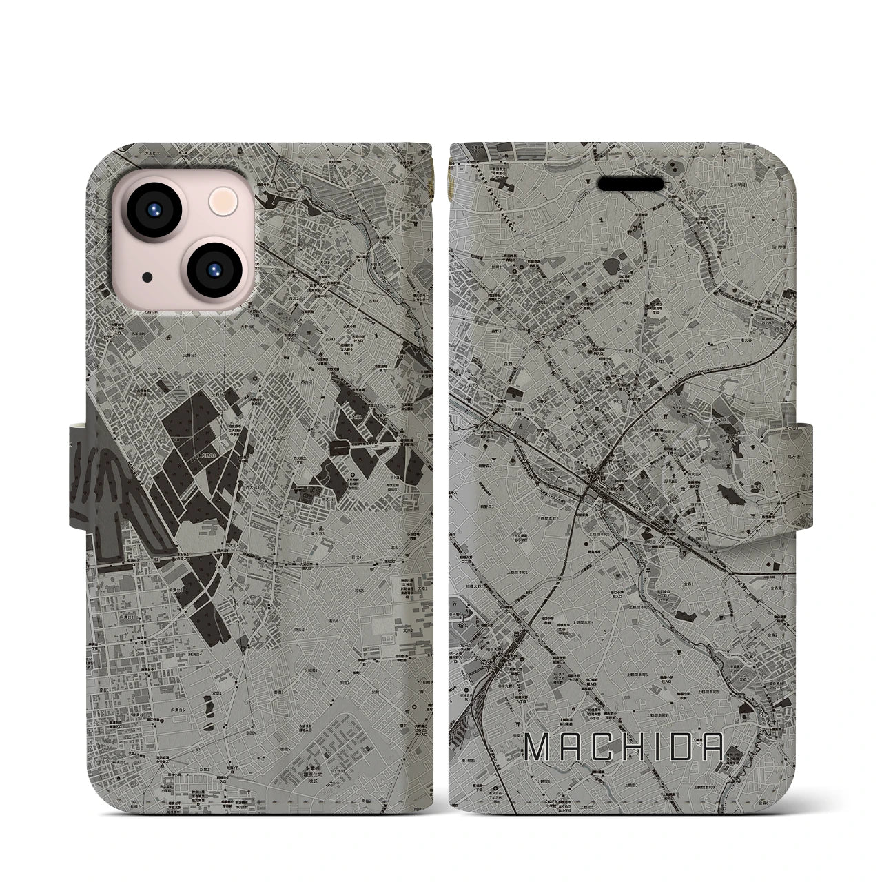 【町田(東京都)】地図柄iPhoneケース(手帳タイプ)モノトーン・iPhone 13 mini 用