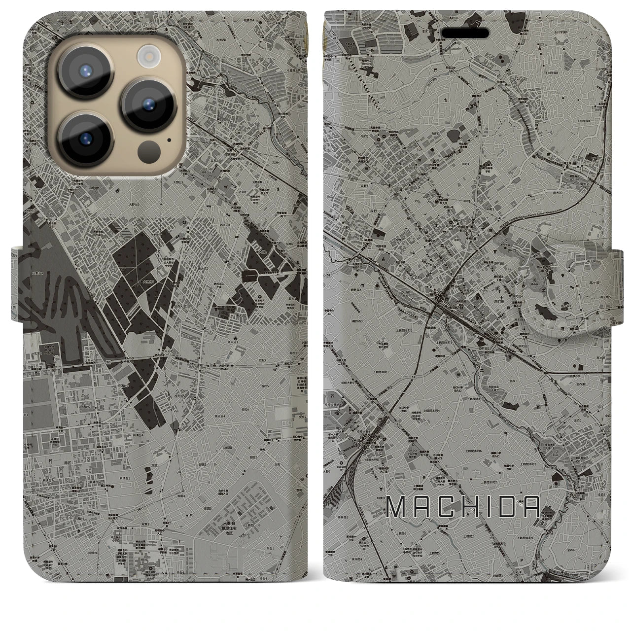 【町田(東京都)】地図柄iPhoneケース(手帳タイプ)モノトーン・iPhone 14 Pro Max 用