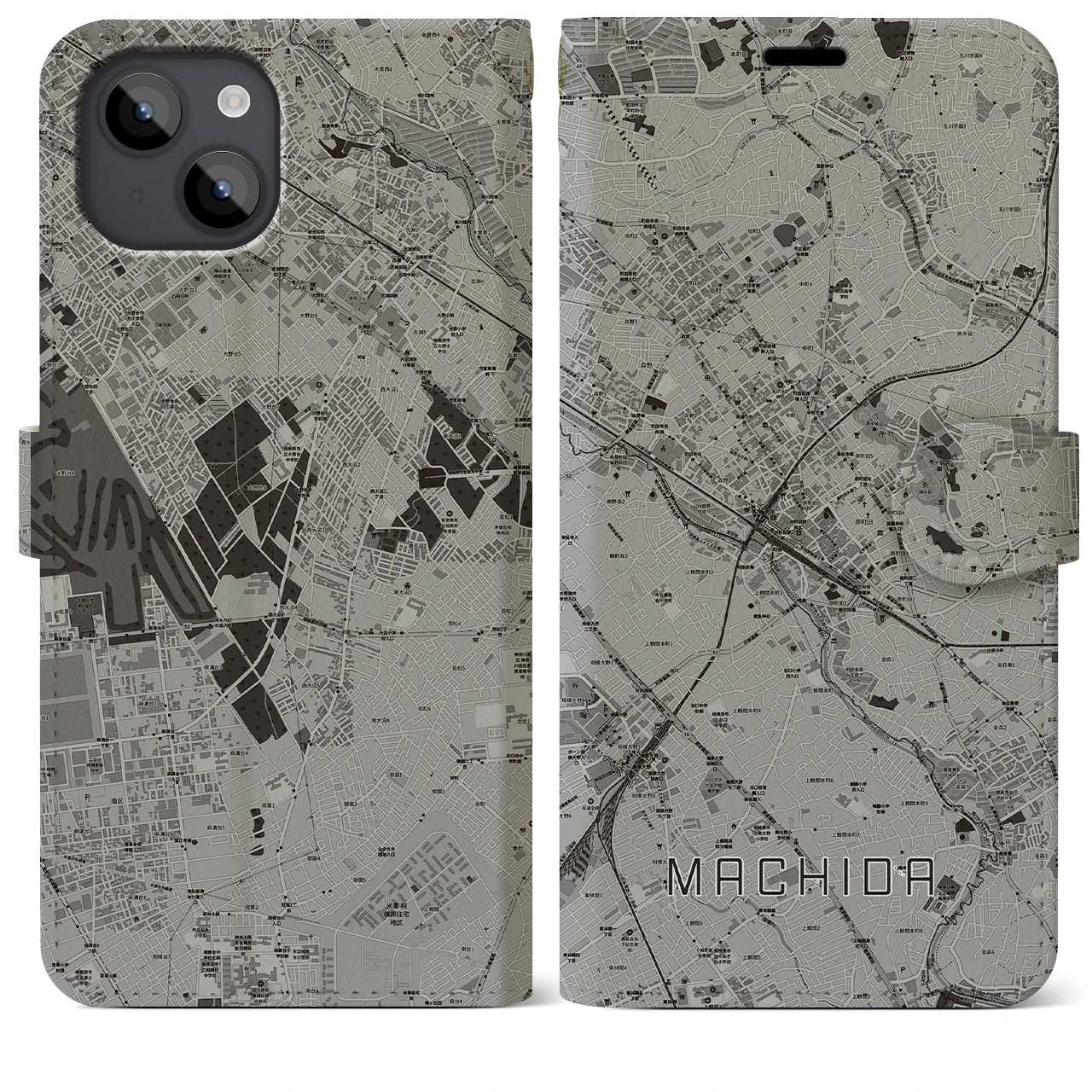 【町田(東京都)】地図柄iPhoneケース(手帳タイプ)モノトーン・iPhone 14 Plus 用