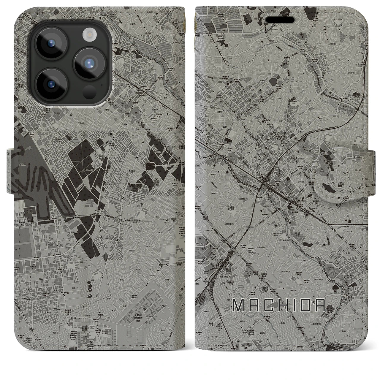 【町田(東京都)】地図柄iPhoneケース(手帳タイプ)モノトーン・iPhone 15 Pro Max 用