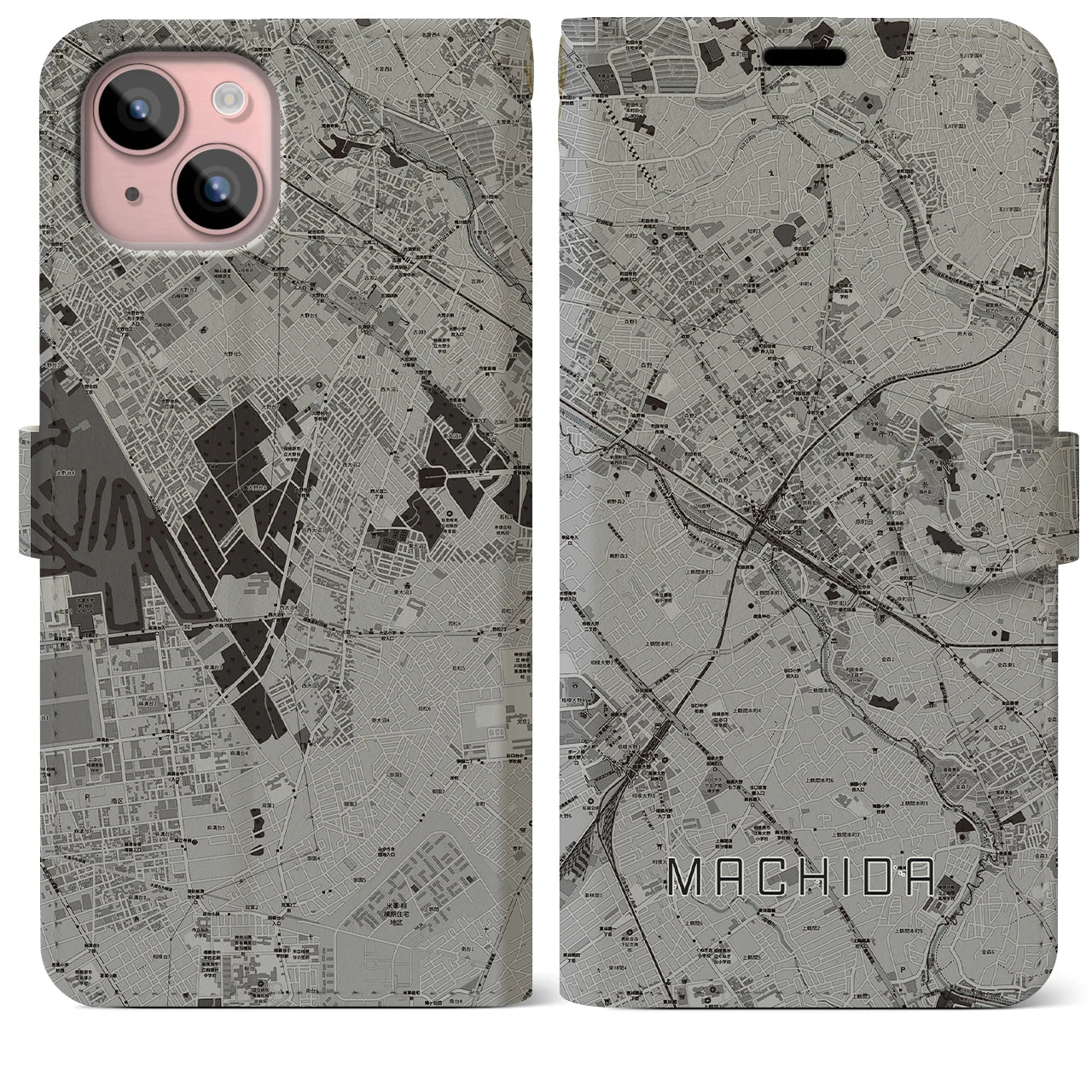 【町田(東京都)】地図柄iPhoneケース(手帳タイプ)モノトーン・iPhone 15 Plus 用