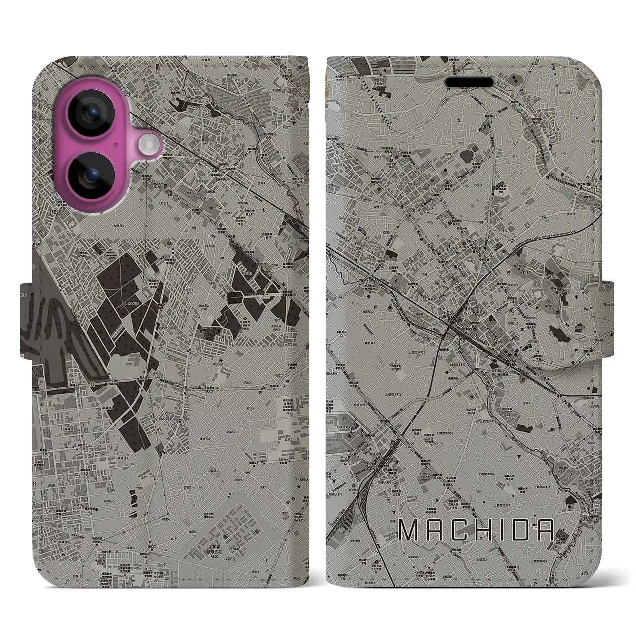 【町田(東京都)】地図柄iPhoneケース(手帳タイプ)モノトーン・iPhone 16 Pro 用