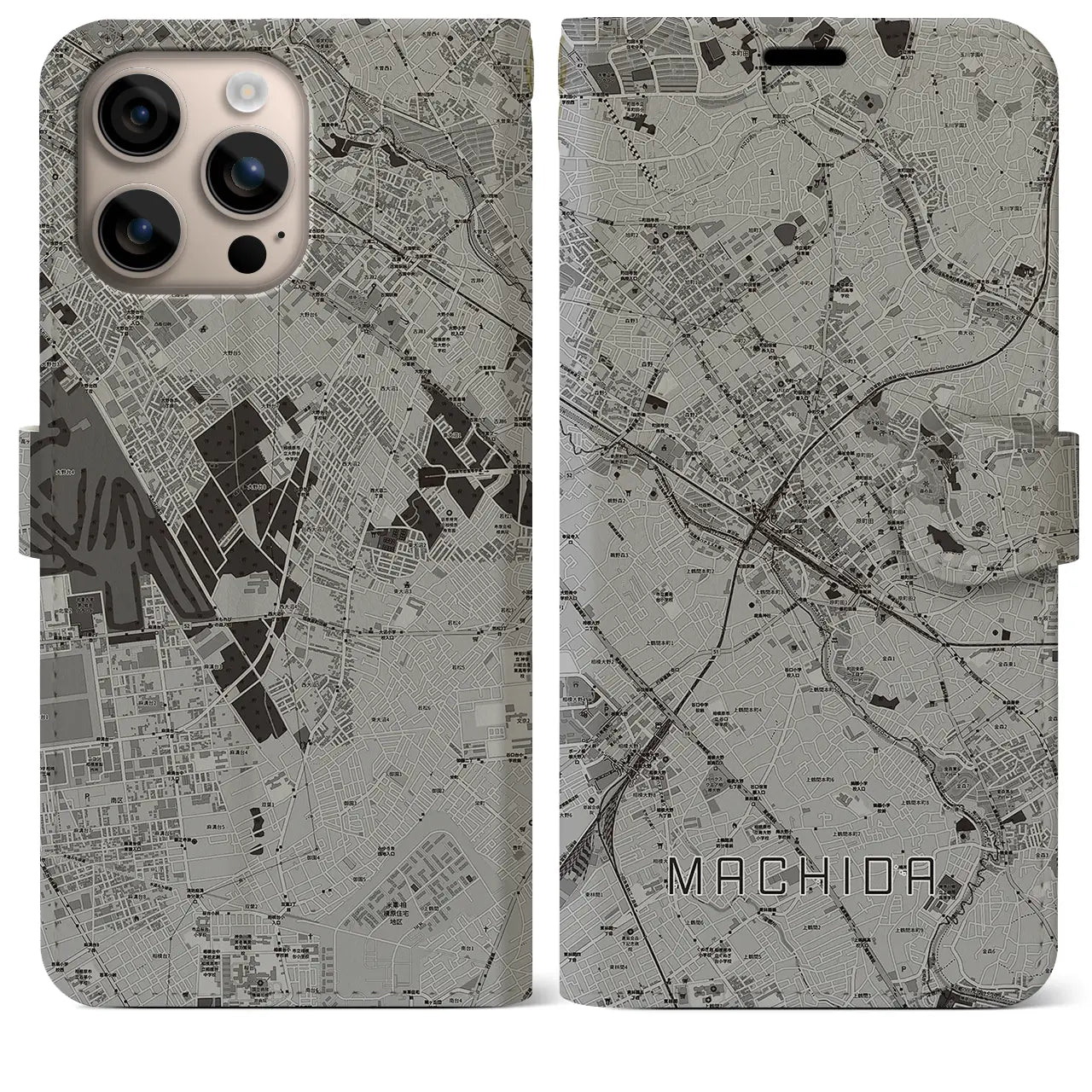 【町田(東京都)】地図柄iPhoneケース(手帳タイプ)モノトーン・iPhone 16 Plus 用