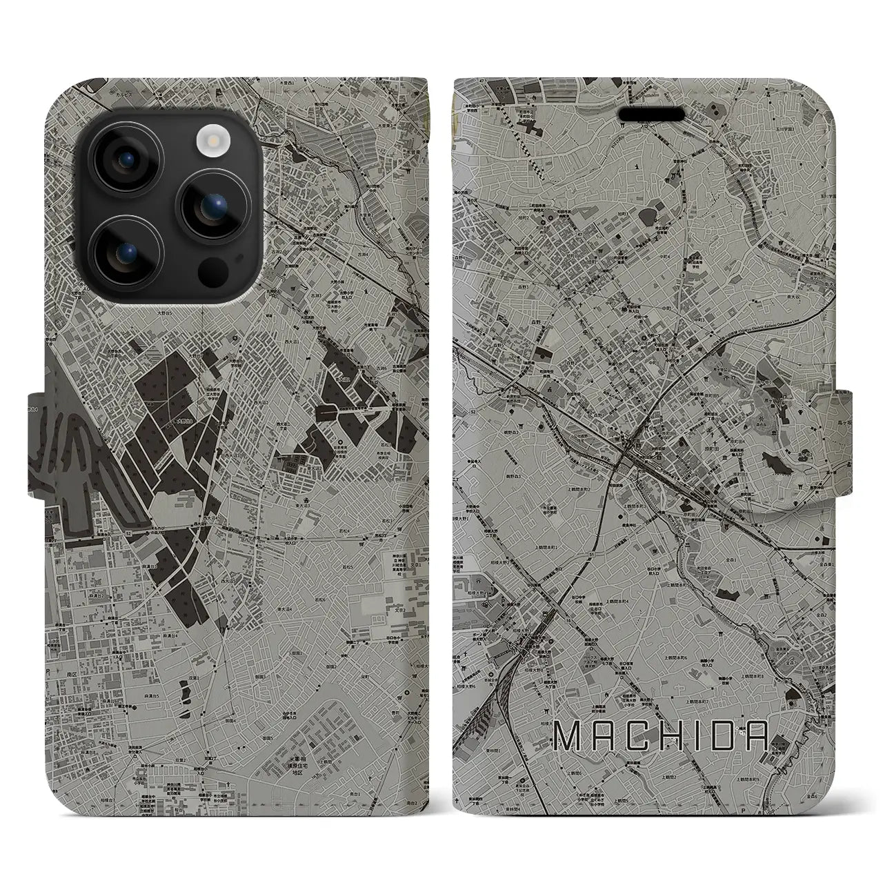 【町田(東京都)】地図柄iPhoneケース(手帳タイプ)モノトーン・iPhone 16 用