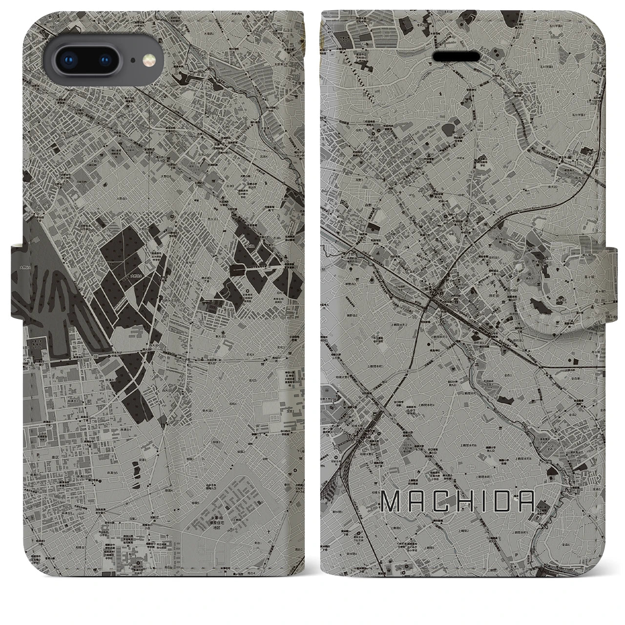 【町田(東京都)】地図柄iPhoneケース(手帳タイプ)モノトーン・iPhone 8Plus /7Plus / 6sPlus / 6Plus 用