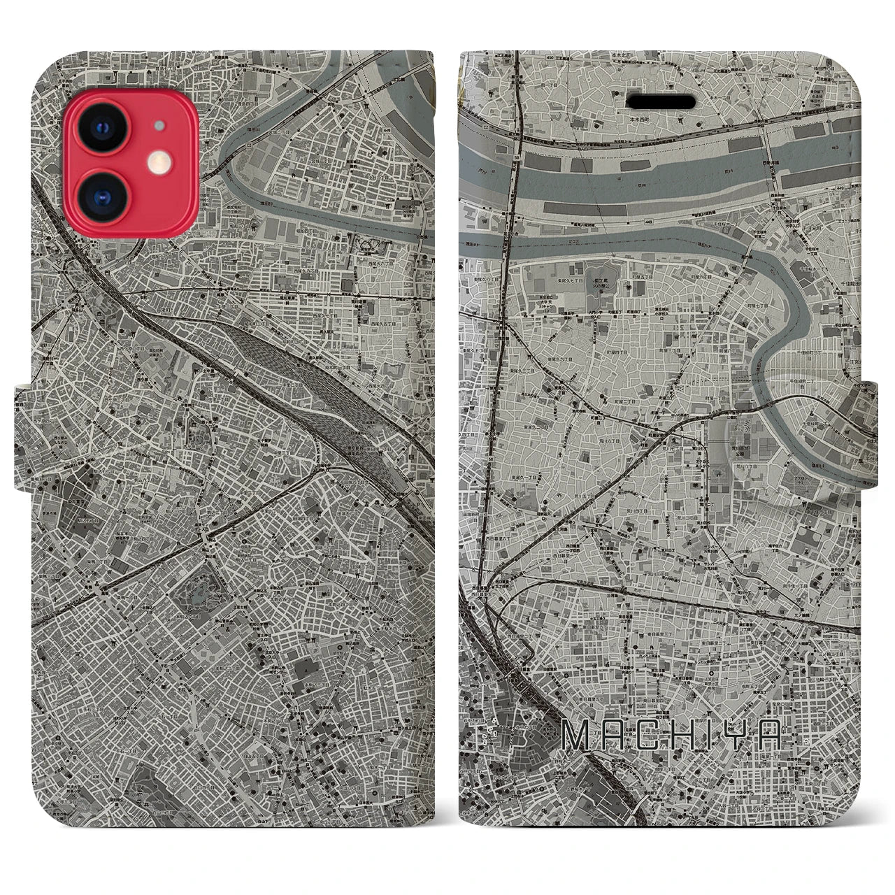 【町屋(東京都)】地図柄iPhoneケース(手帳タイプ)モノトーン・iPhone 11 用