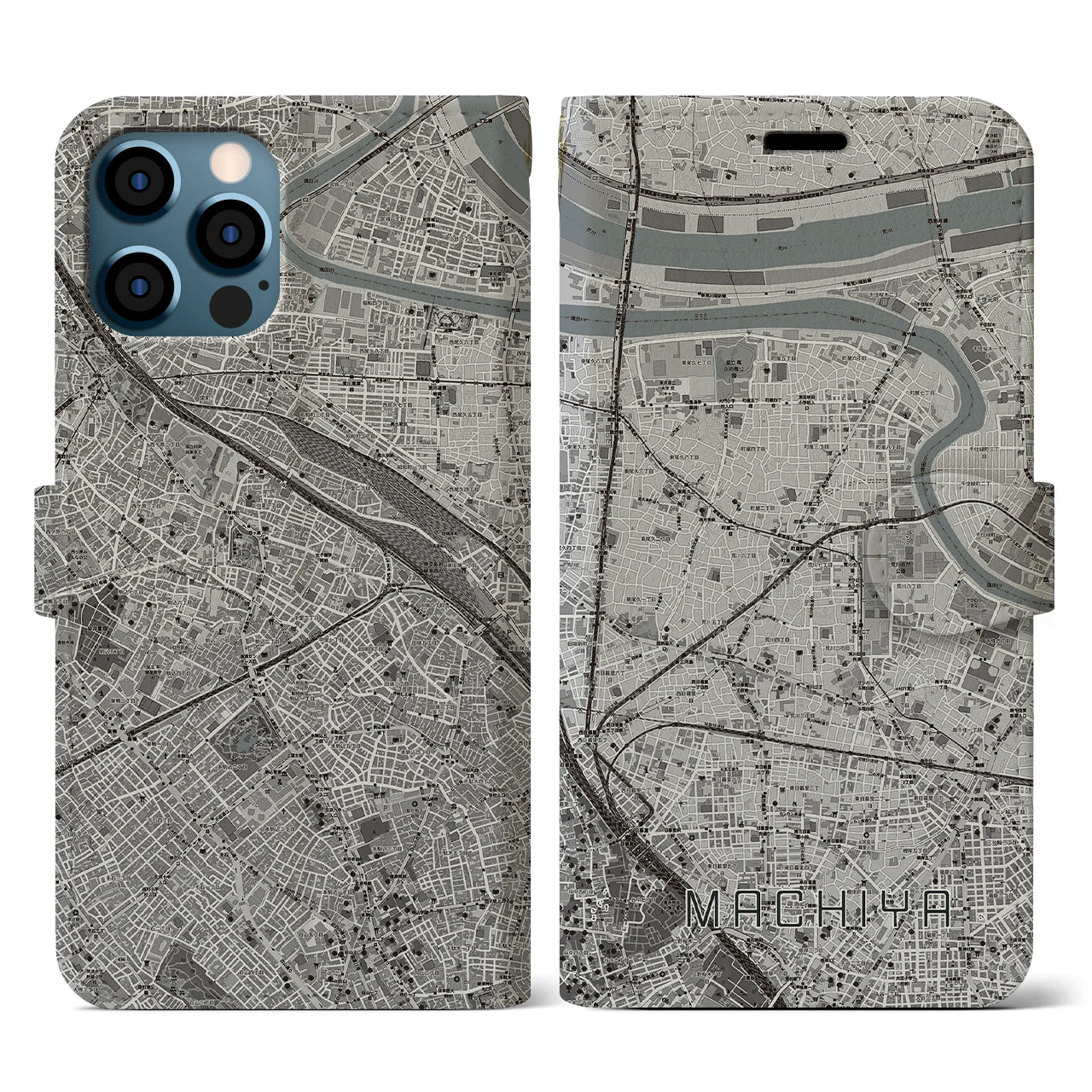 【町屋(東京都)】地図柄iPhoneケース(手帳タイプ)モノトーン・iPhone 12 / 12 Pro 用