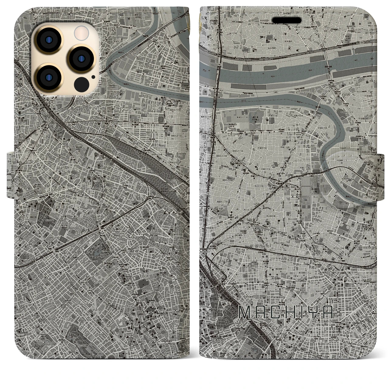 【町屋(東京都)】地図柄iPhoneケース(手帳タイプ)モノトーン・iPhone 12 Pro Max 用