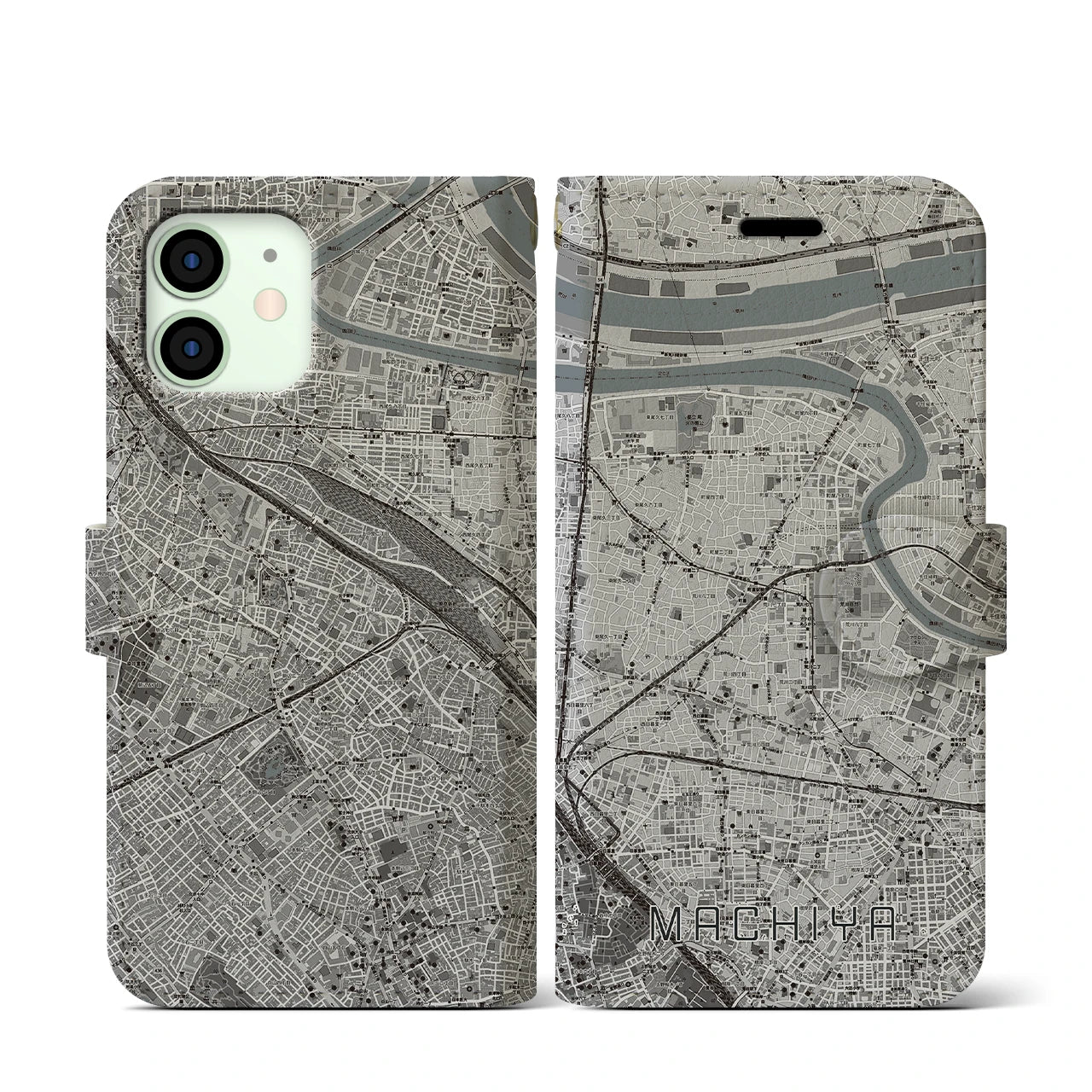 【町屋(東京都)】地図柄iPhoneケース(手帳タイプ)モノトーン・iPhone 12 mini 用