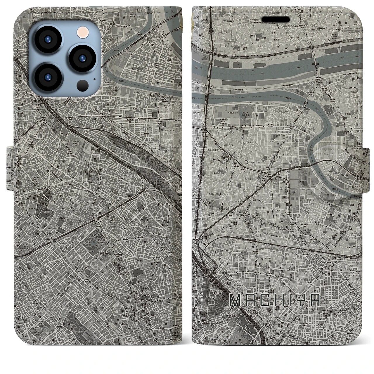 【町屋(東京都)】地図柄iPhoneケース(手帳タイプ)モノトーン・iPhone 13 Pro Max 用