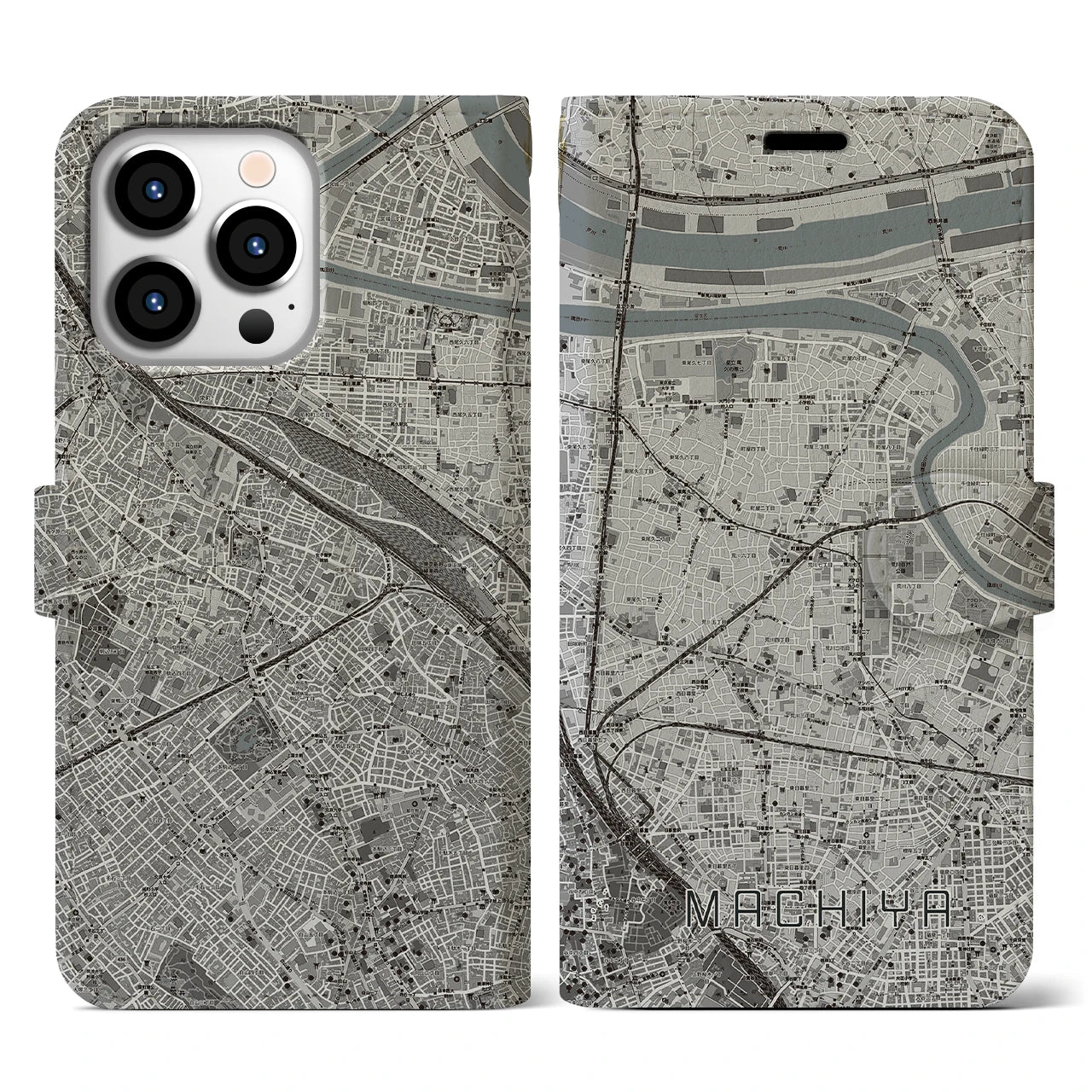 【町屋(東京都)】地図柄iPhoneケース(手帳タイプ)モノトーン・iPhone 13 Pro 用