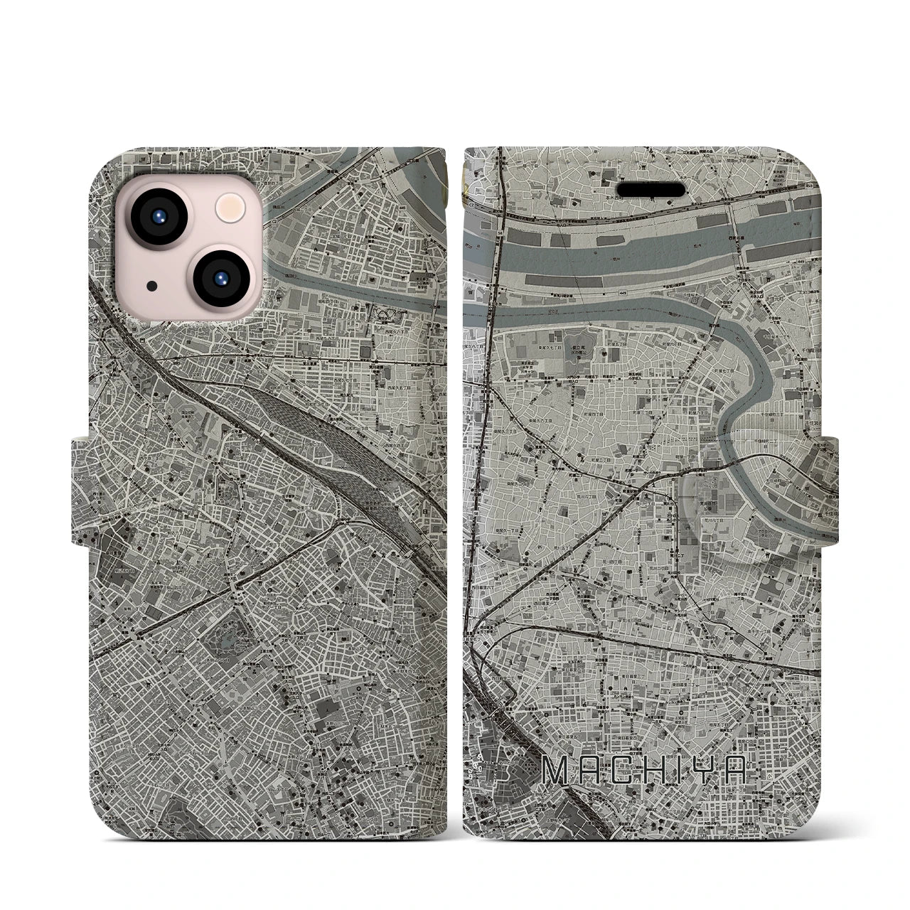【町屋(東京都)】地図柄iPhoneケース(手帳タイプ)モノトーン・iPhone 13 mini 用