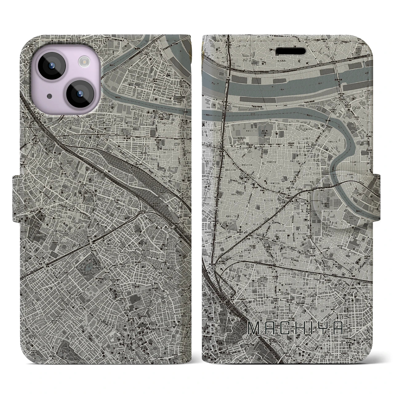 【町屋(東京都)】地図柄iPhoneケース(手帳タイプ)モノトーン・iPhone 14 用
