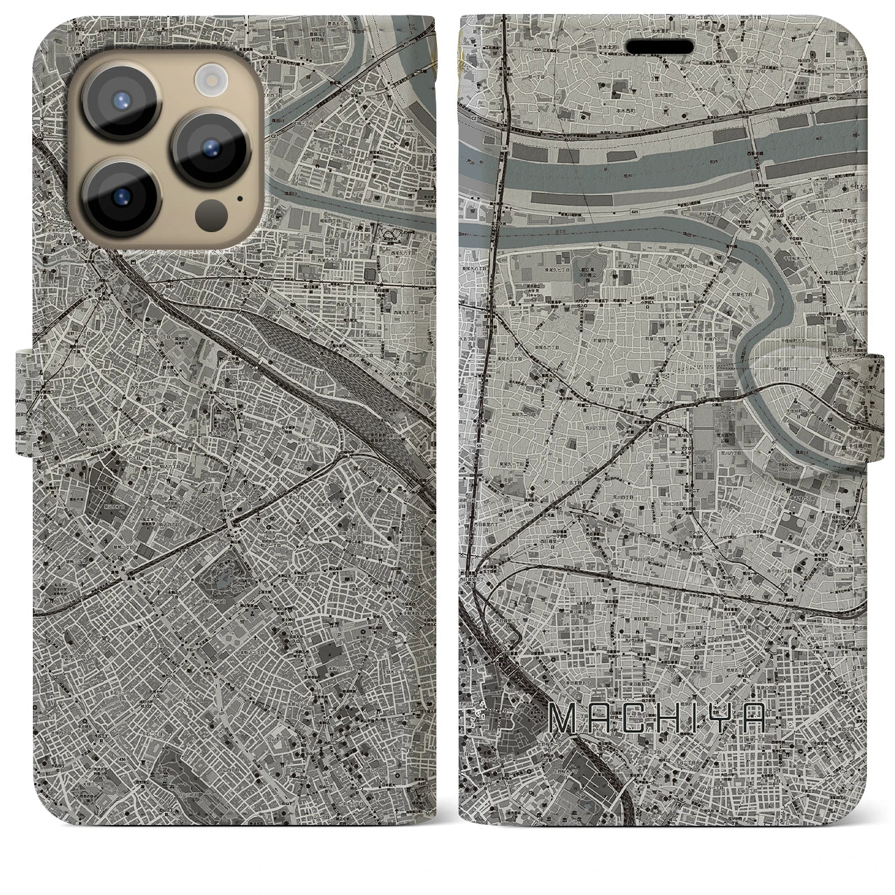 【町屋(東京都)】地図柄iPhoneケース(手帳タイプ)モノトーン・iPhone 14 Pro Max 用