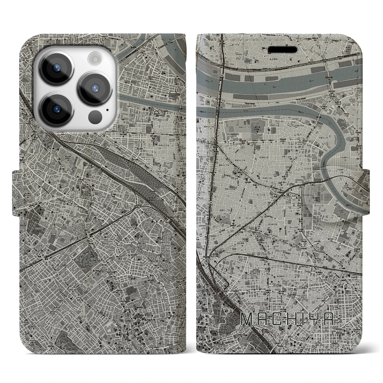 【町屋(東京都)】地図柄iPhoneケース(手帳タイプ)モノトーン・iPhone 14 Pro 用