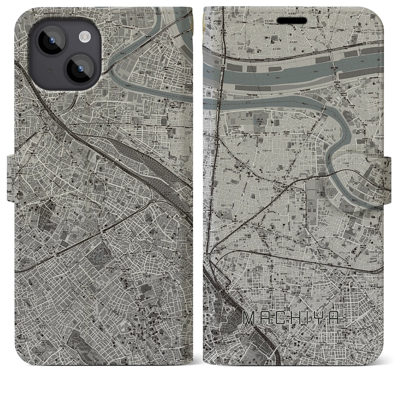 【町屋(東京都)】地図柄iPhoneケース(手帳タイプ)モノトーン・iPhone 14 Plus 用