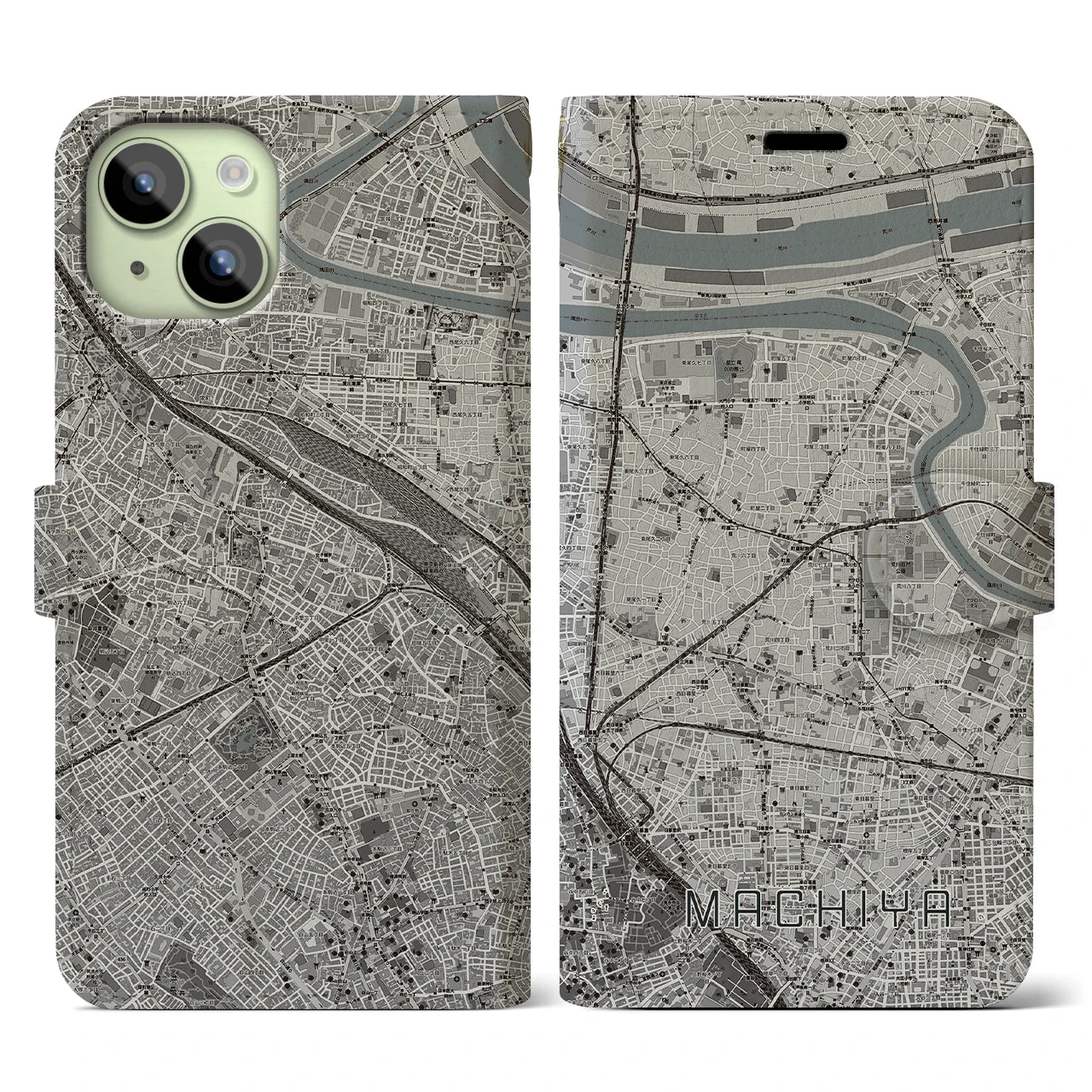 【町屋(東京都)】地図柄iPhoneケース(手帳タイプ)モノトーン・iPhone 15 用