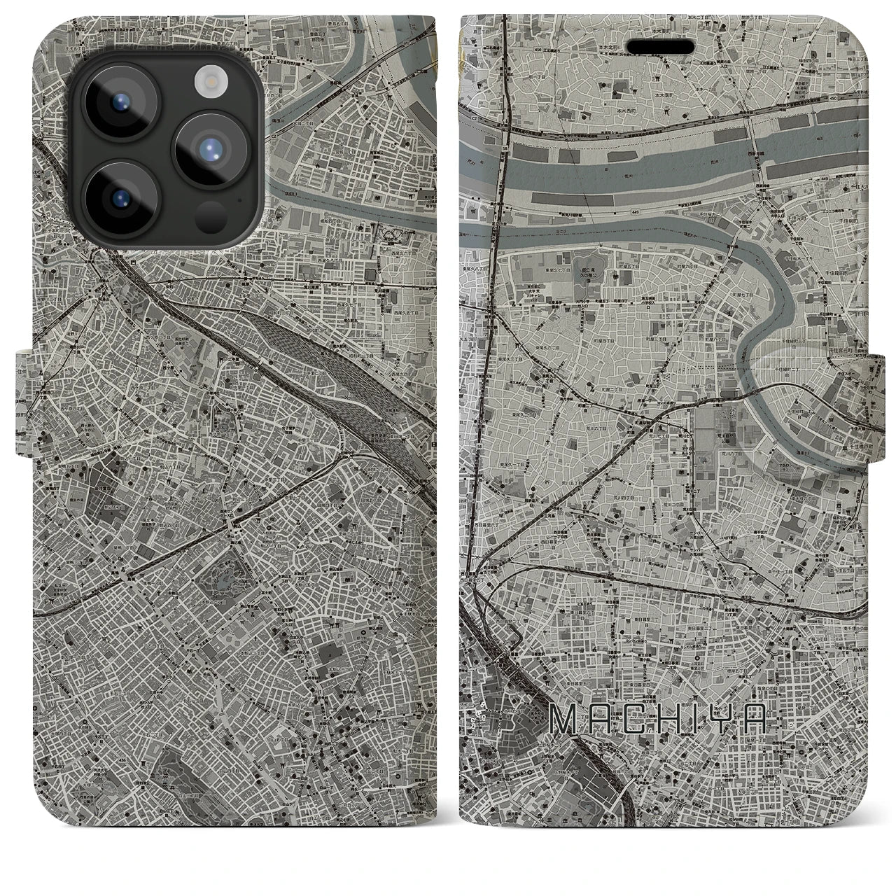 【町屋(東京都)】地図柄iPhoneケース(手帳タイプ)モノトーン・iPhone 15 Pro Max 用