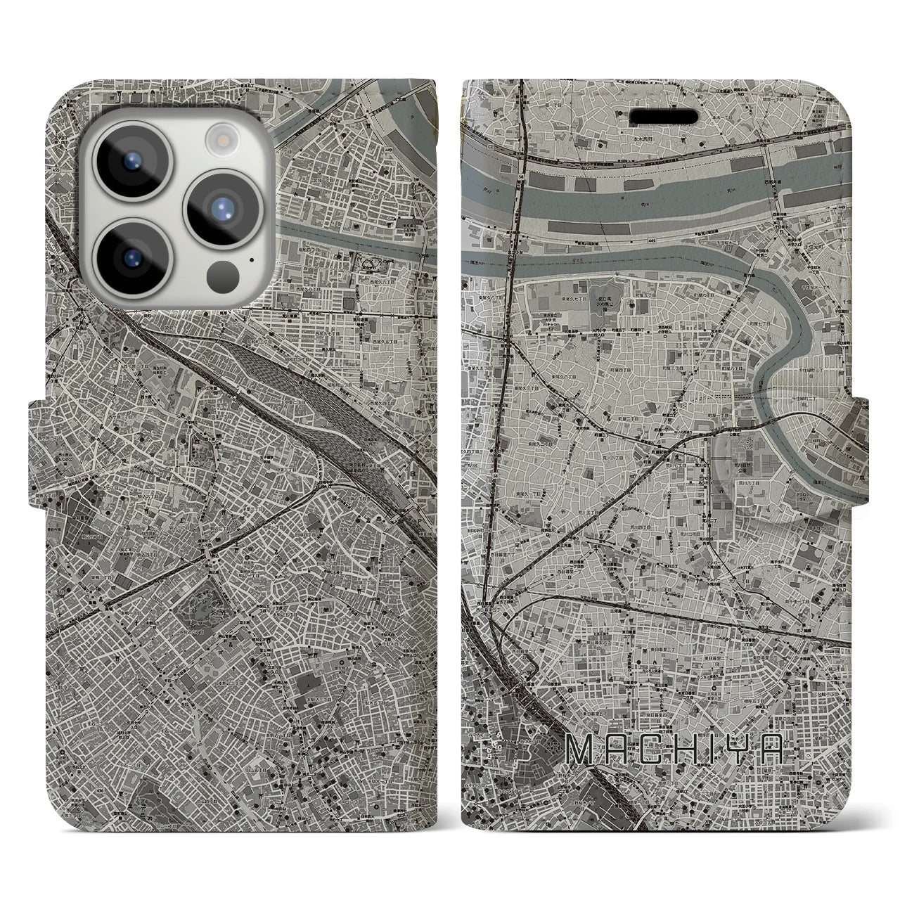 【町屋(東京都)】地図柄iPhoneケース(手帳タイプ)モノトーン・iPhone 15 Pro 用