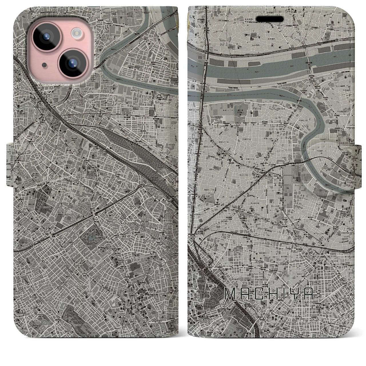 【町屋(東京都)】地図柄iPhoneケース(手帳タイプ)モノトーン・iPhone 15 Plus 用