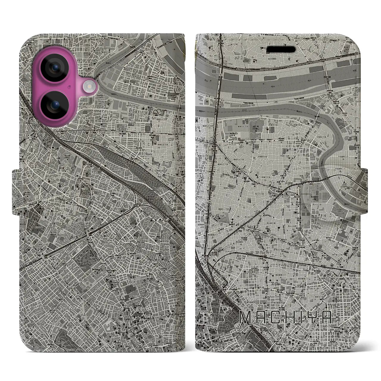 【町屋(東京都)】地図柄iPhoneケース(手帳タイプ)モノトーン・iPhone 16 Pro 用