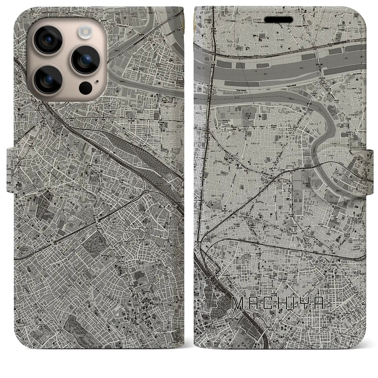 【町屋(東京都)】地図柄iPhoneケース(手帳タイプ)モノトーン・iPhone 16 Plus 用