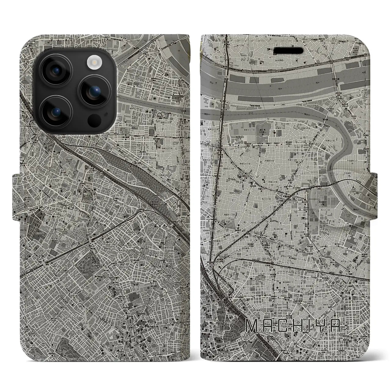 【町屋(東京都)】地図柄iPhoneケース(手帳タイプ)モノトーン・iPhone 16 用