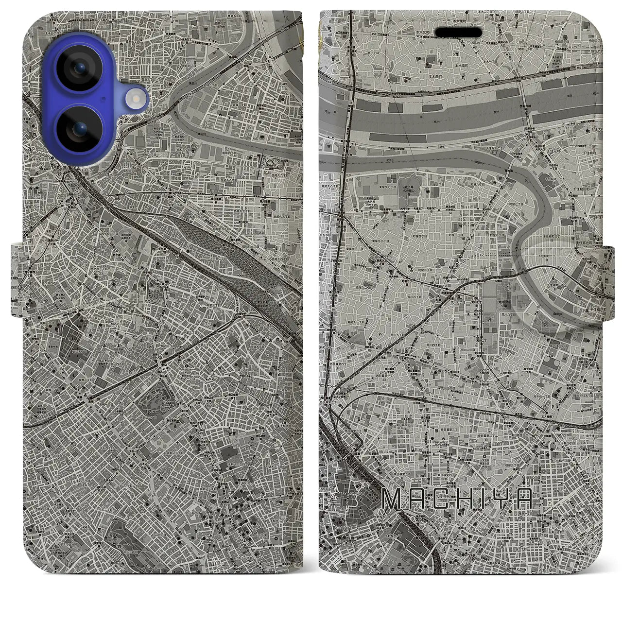 【町屋(東京都)】地図柄iPhoneケース(手帳タイプ)モノトーン・iPhone 16 Pro Max 用