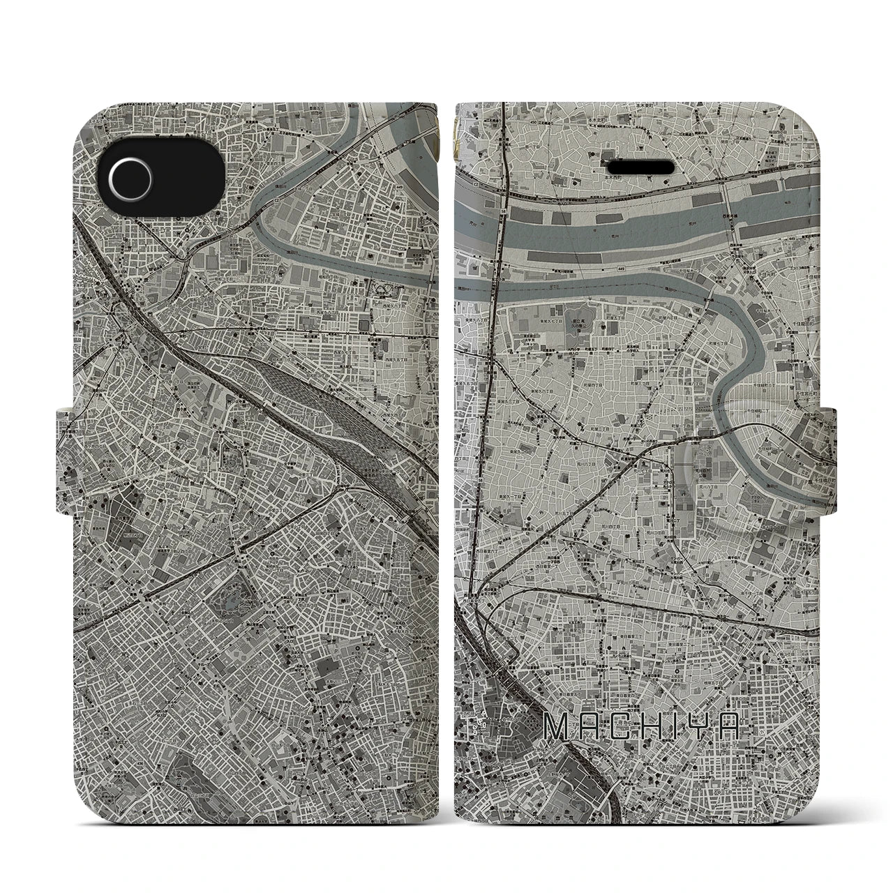【町屋(東京都)】地図柄iPhoneケース(手帳タイプ)モノトーン・iPhone SE(第3 / 第2世代) / 8 / 7 / 6s / 6 用