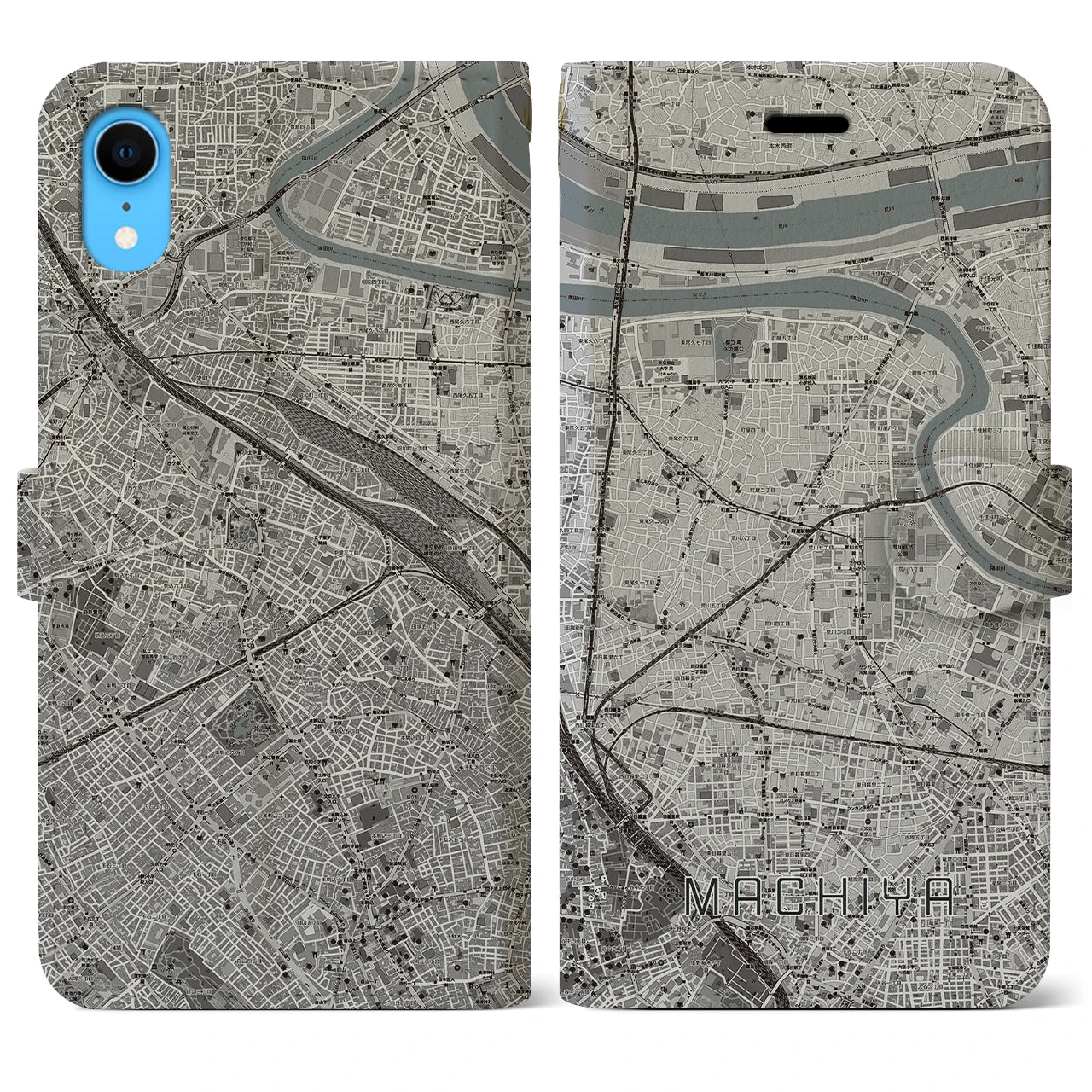 【町屋(東京都)】地図柄iPhoneケース(手帳タイプ)モノトーン・iPhone XR 用