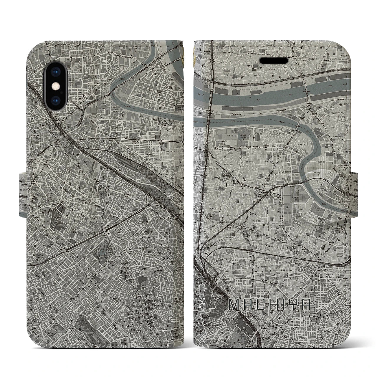 【町屋(東京都)】地図柄iPhoneケース(手帳タイプ)モノトーン・iPhone XS / X 用