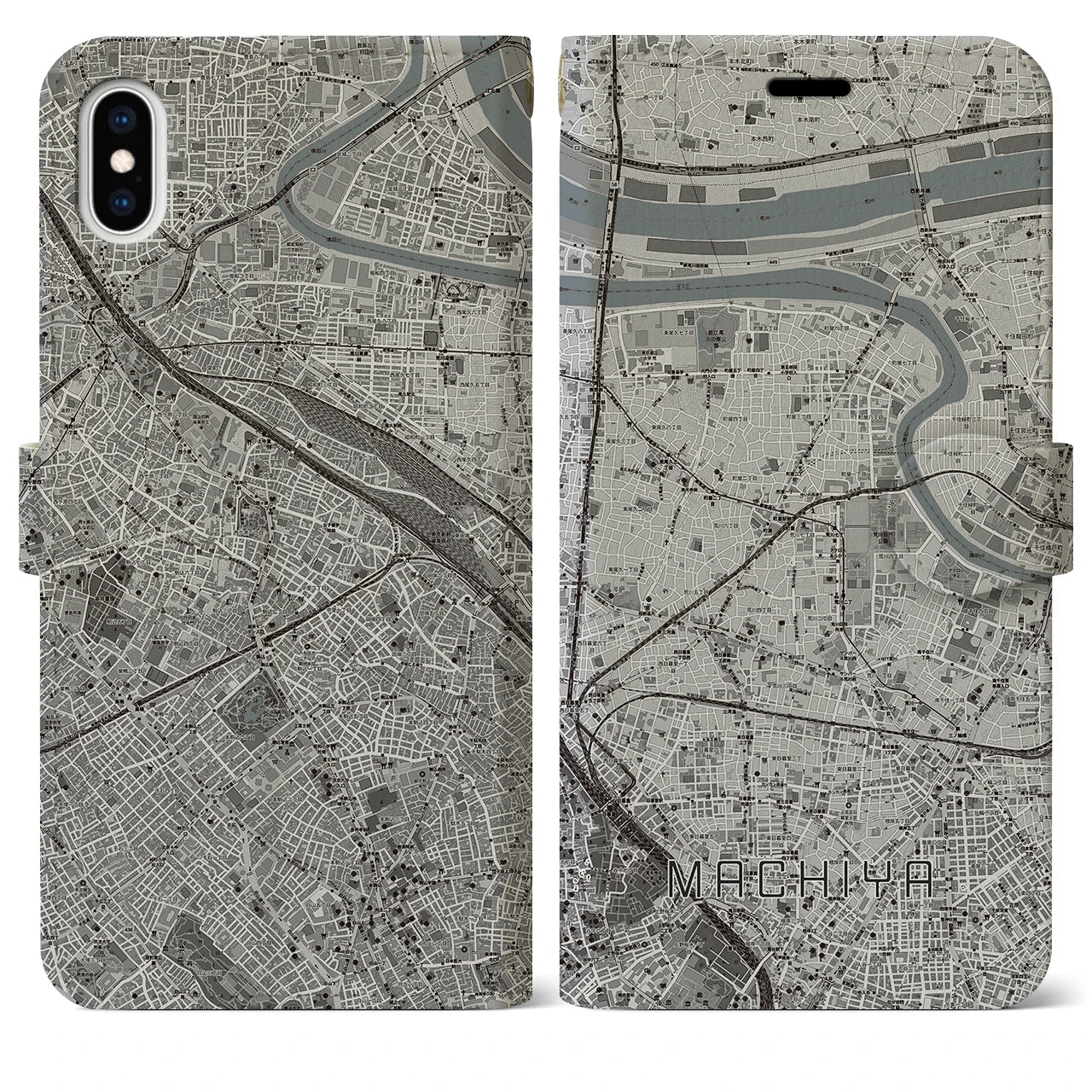 【町屋(東京都)】地図柄iPhoneケース(手帳タイプ)モノトーン・iPhone XS Max 用