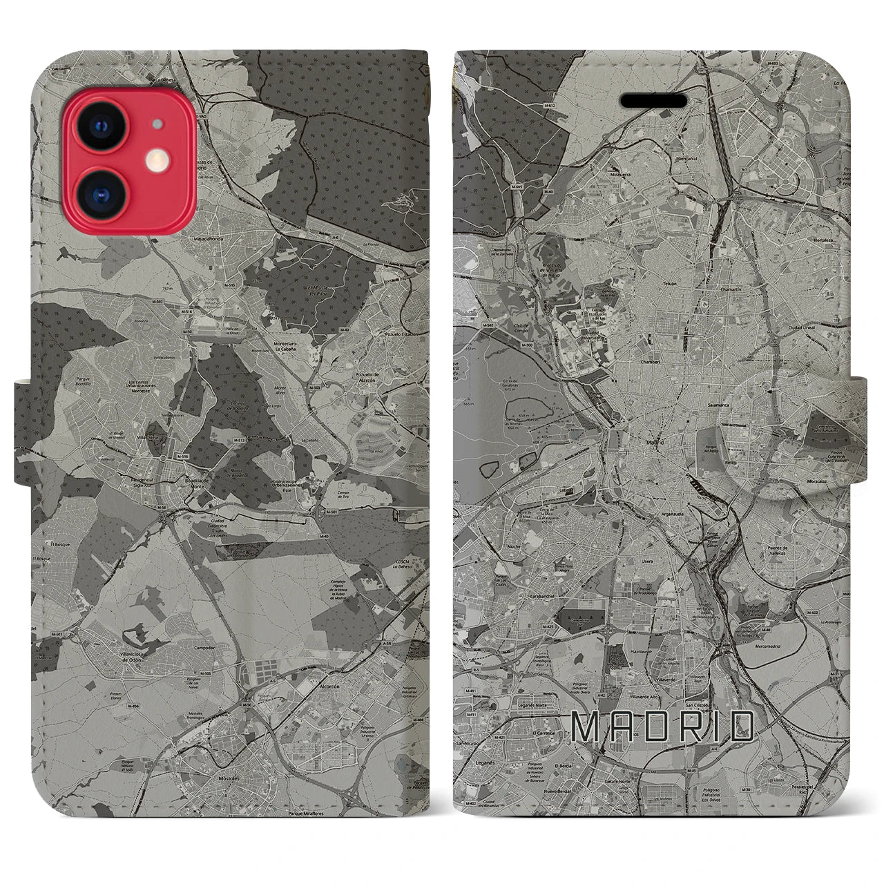 【マドリード(スペイン)】地図柄iPhoneケース(手帳タイプ)モノトーン・iPhone 11 用