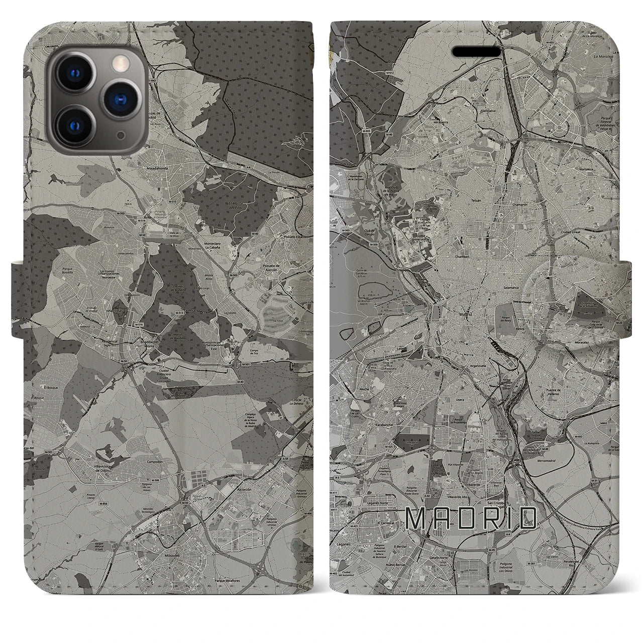 【マドリード(スペイン)】地図柄iPhoneケース(手帳タイプ)モノトーン・iPhone 11 Pro Max 用
