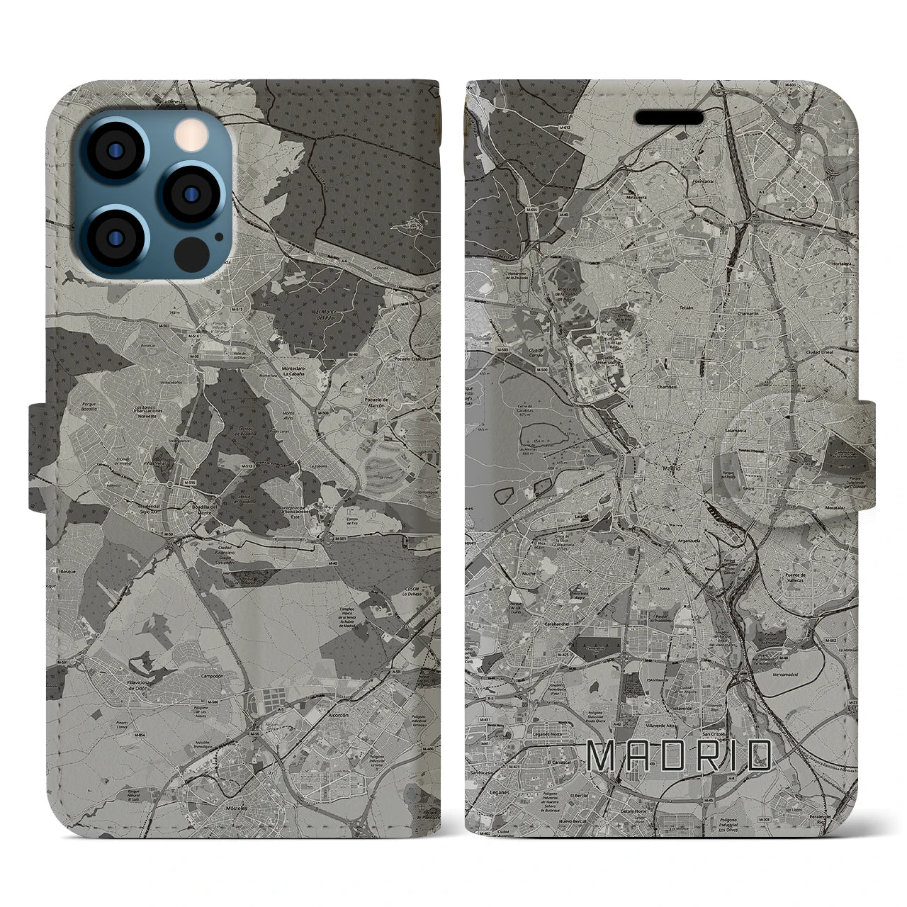 【マドリード(スペイン)】地図柄iPhoneケース(手帳タイプ)モノトーン・iPhone 12 / 12 Pro 用