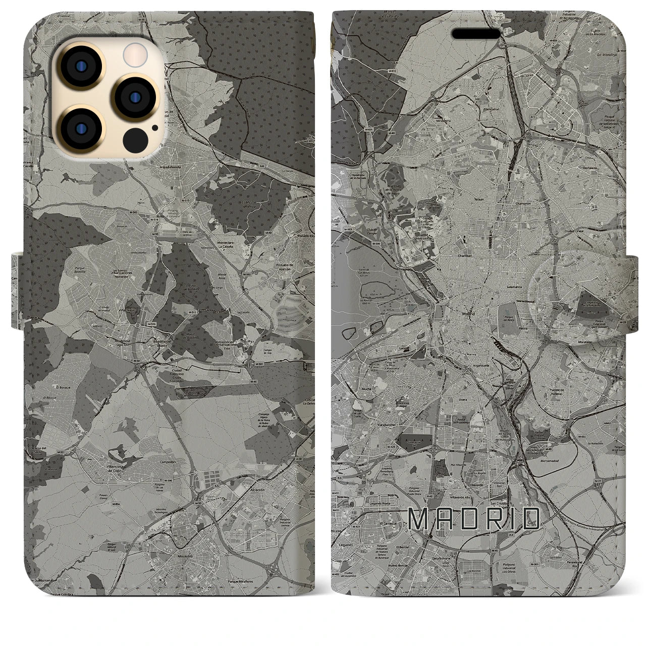 【マドリード(スペイン)】地図柄iPhoneケース(手帳タイプ)モノトーン・iPhone 12 Pro Max 用