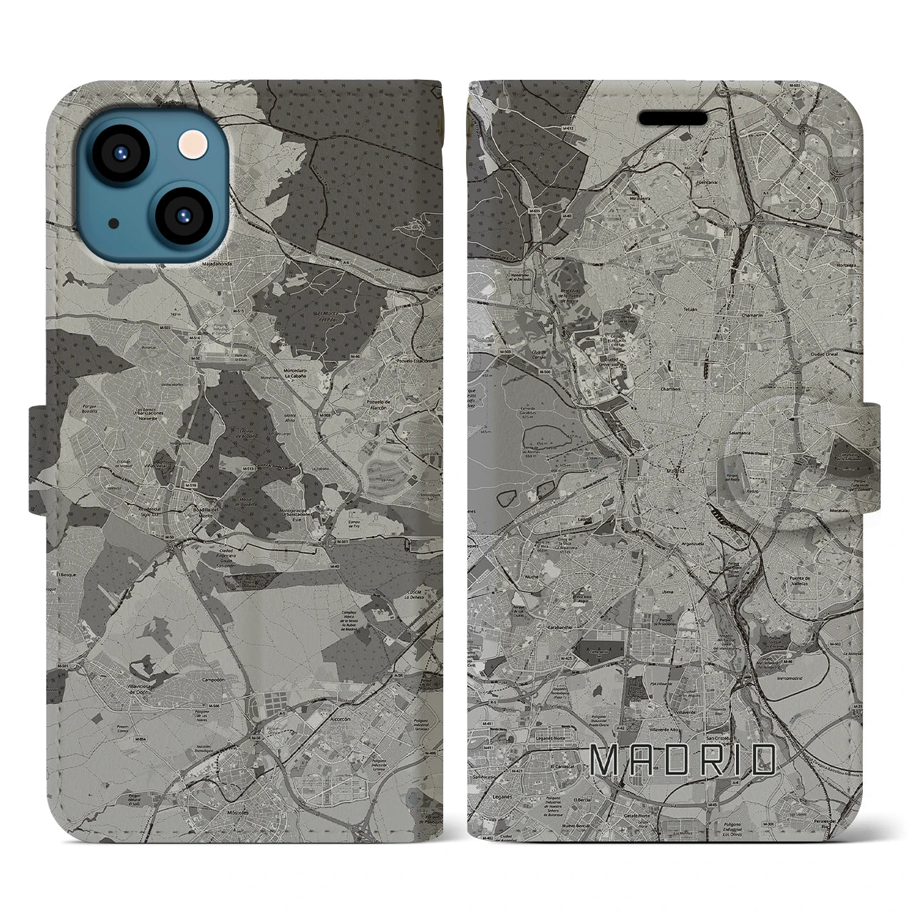 【マドリード(スペイン)】地図柄iPhoneケース(手帳タイプ)モノトーン・iPhone 13 用