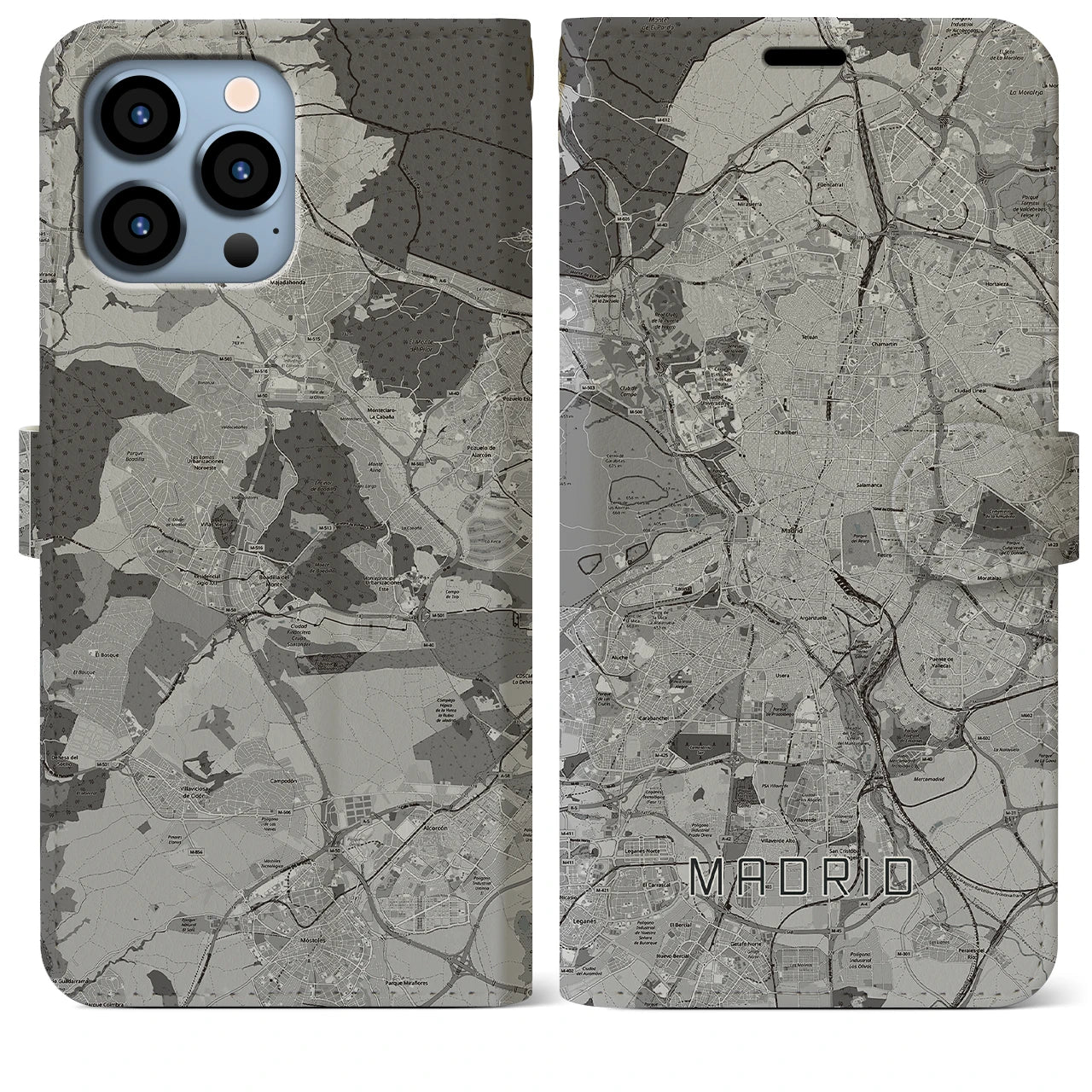 【マドリード(スペイン)】地図柄iPhoneケース(手帳タイプ)モノトーン・iPhone 13 Pro Max 用