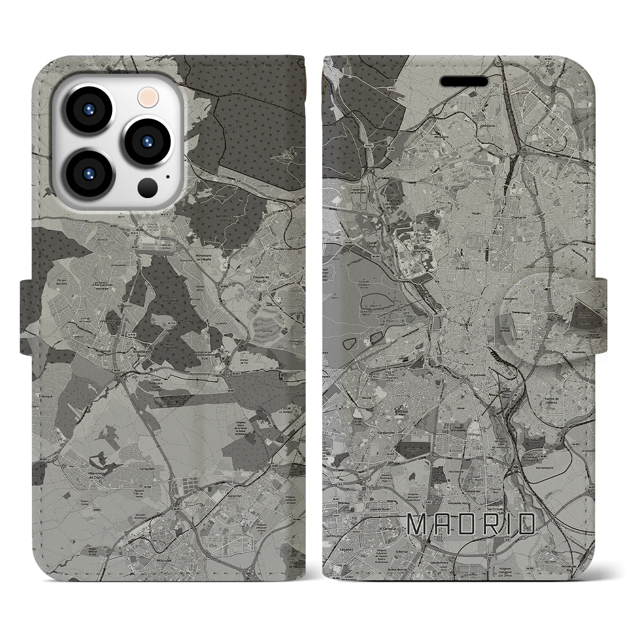 【マドリード(スペイン)】地図柄iPhoneケース(手帳タイプ)モノトーン・iPhone 13 Pro 用
