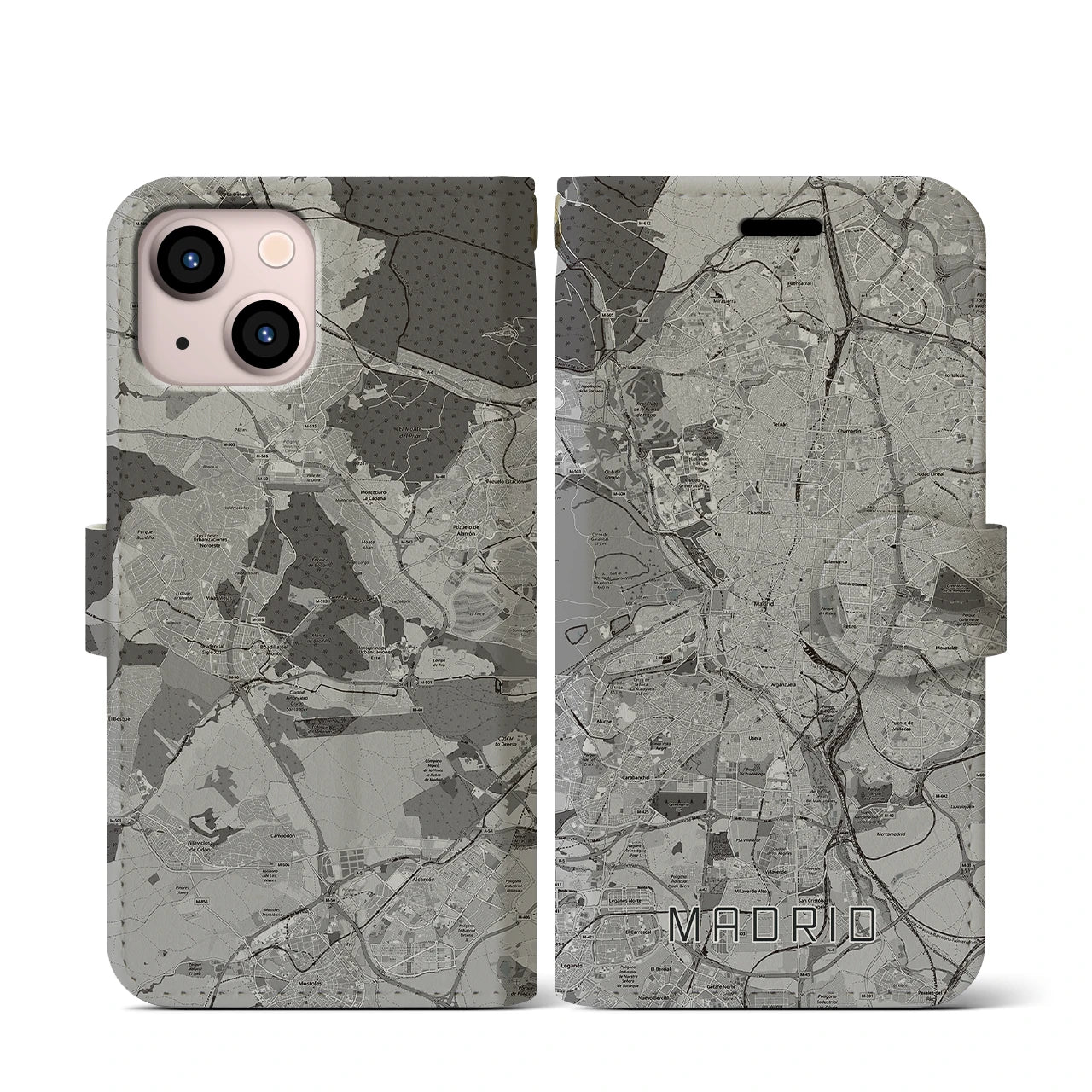 【マドリード(スペイン)】地図柄iPhoneケース(手帳タイプ)モノトーン・iPhone 13 mini 用