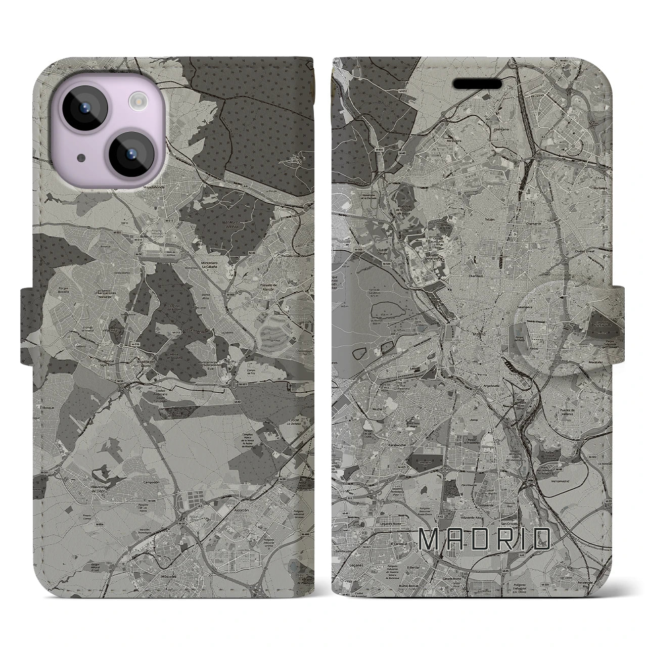 【マドリード(スペイン)】地図柄iPhoneケース(手帳タイプ)モノトーン・iPhone 14 用