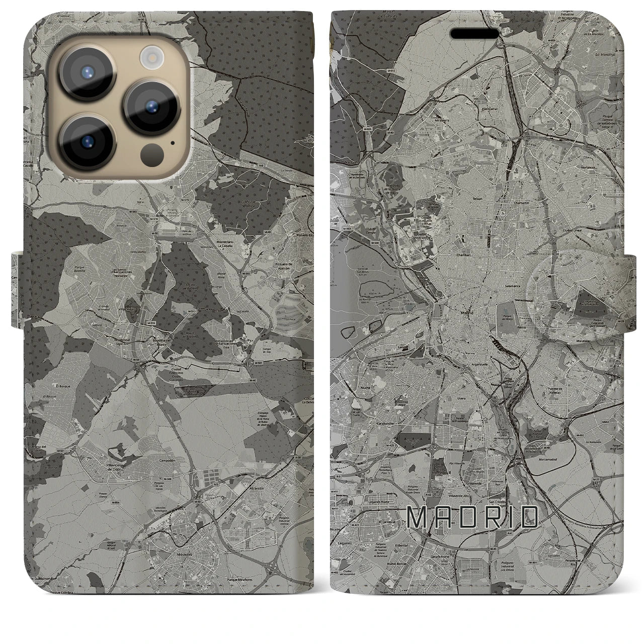 【マドリード(スペイン)】地図柄iPhoneケース(手帳タイプ)モノトーン・iPhone 14 Pro Max 用
